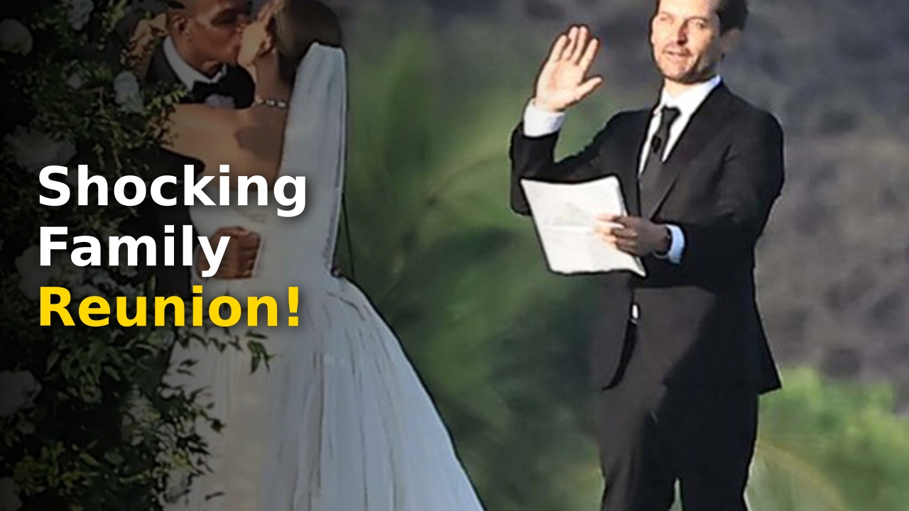 Tobey Maguire smiling while officiating his ex-wife Jennifer Meyer's wedding to Geoff Ogunlesi